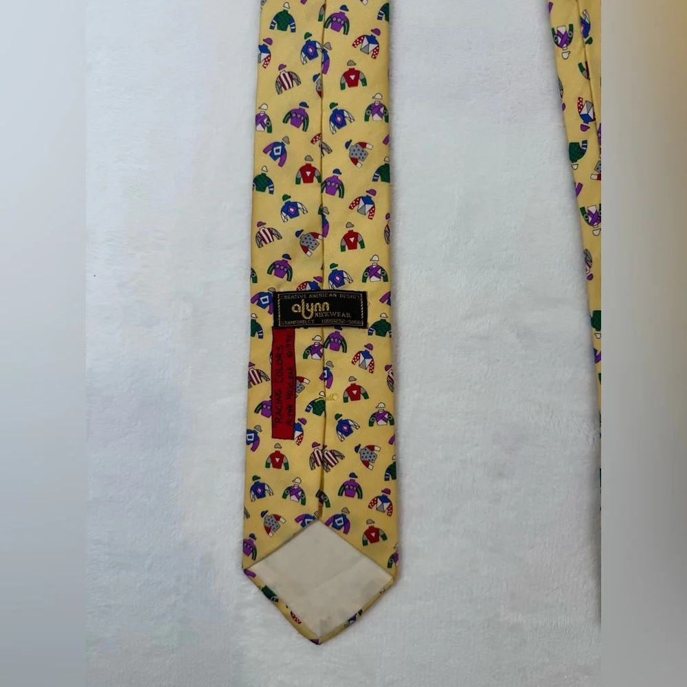 VINTAGE Alynn Neckwear Tie Necktie Yellow Racing Colors Jockey 1994 90s USA Mens